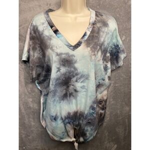 Womens Tie Dye V Neck Short Sleeve Knot Front Top Blue Gray Small
